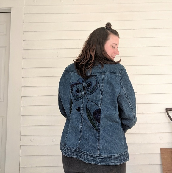 Hand Drawn Owl Denim Jacket Coldwater Creek - Picture 3 of 8